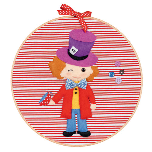 Flat shot of mad hatter appliqué embroidery hoop art