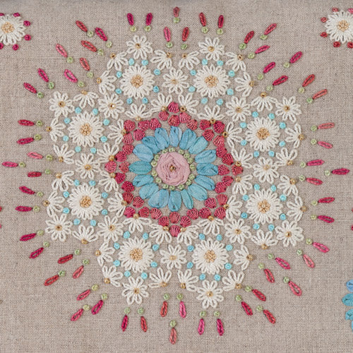 Closeup of embroidered flower design from pretty embroidered bag