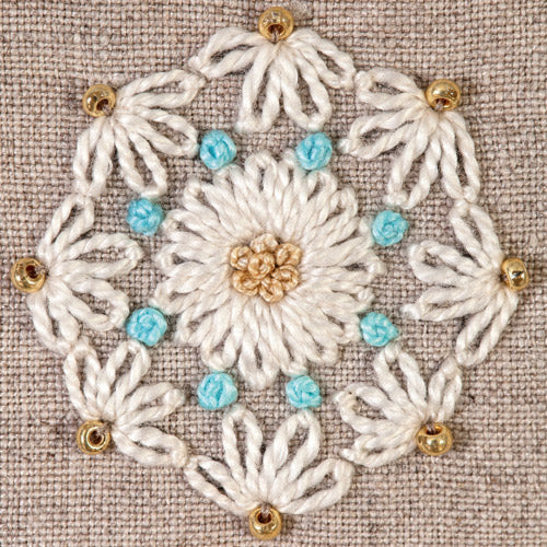 Closeup of white embroidered flowers design