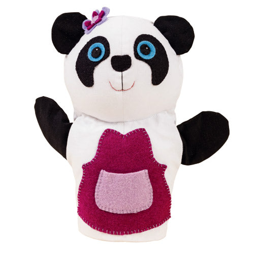 Flat shot of mother panda puppet wearing apron