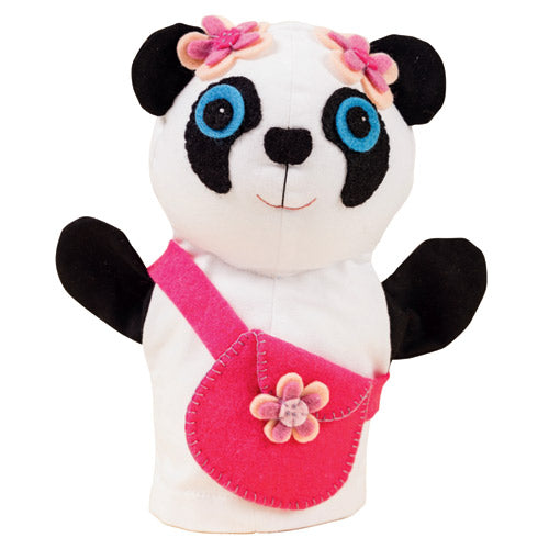 Flat shot of girl panda puppet with bag