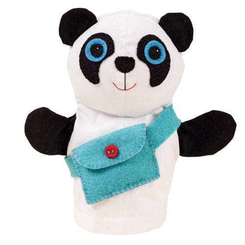 Flat shot of boy panda puppet with bag