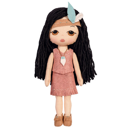 Flat shot of Pocahontas doll with accessories and embroidered detail
