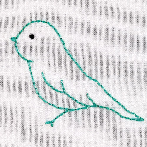 Detailed closeup of embroidered retro-style teal bird