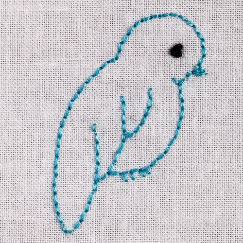 Detailed closeup of embroidered retro-style blue bird