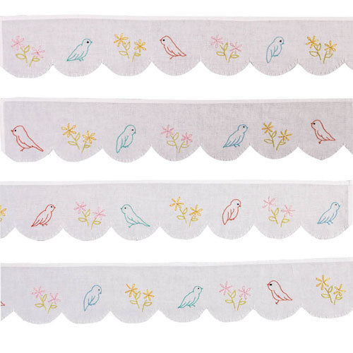 Flat shot of retro embroidered bird and flower shelf edging