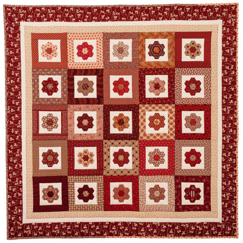 Flat shot of english paper pieced hexagon flower quilt