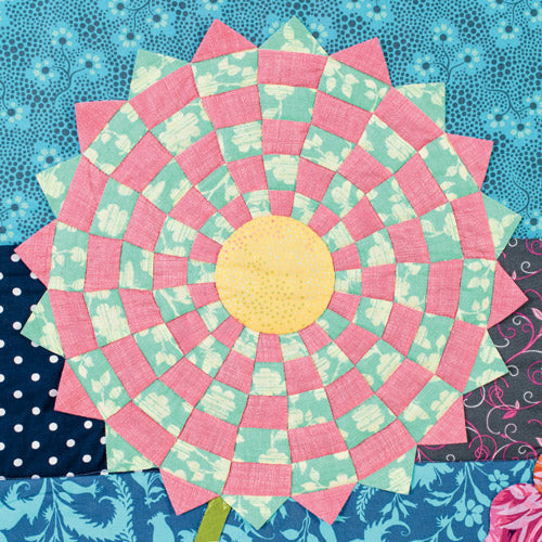 Closeup of checkered appliqué flower from night garden appliqué flower quilt
