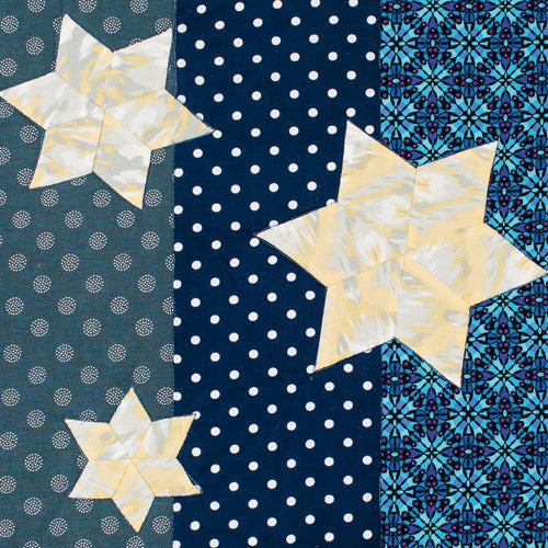Closeup of appliqué stars from night garden appliqué flower quilt