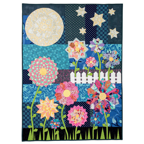 Flat shot of night garden appliqué flower quilt