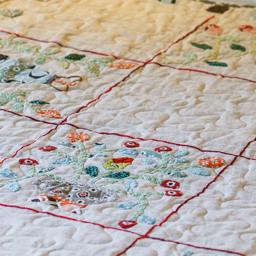 Closeup of quilting on vintage appliqué sampler quilt
