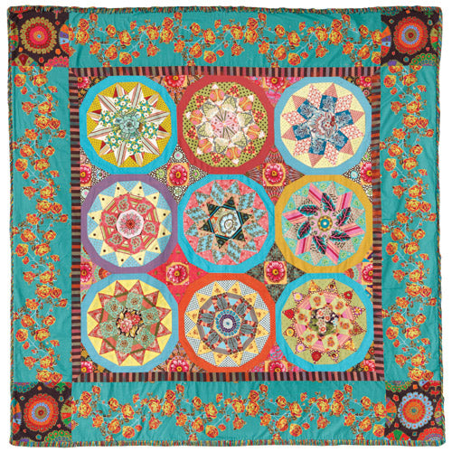 Flat shot of english paper pieced star coverlet quilt