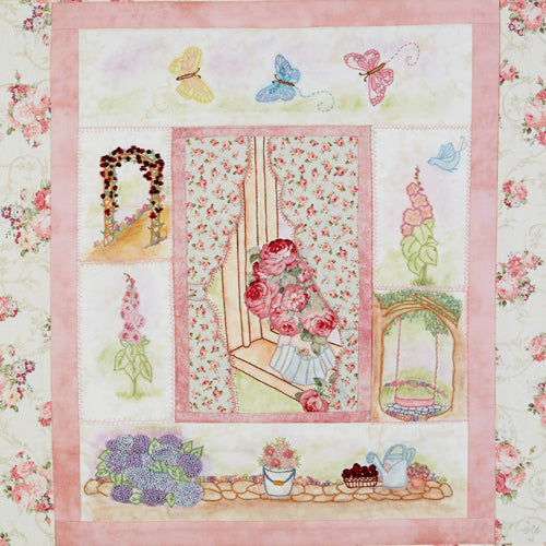 Closeup of centre panel with different embroidery flower motifs