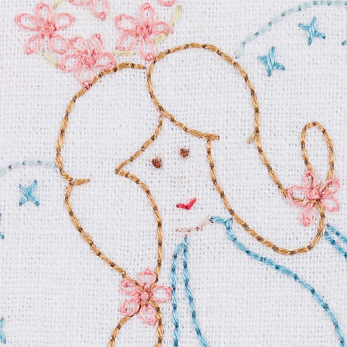 Detailed closeup of embroidered angel's face