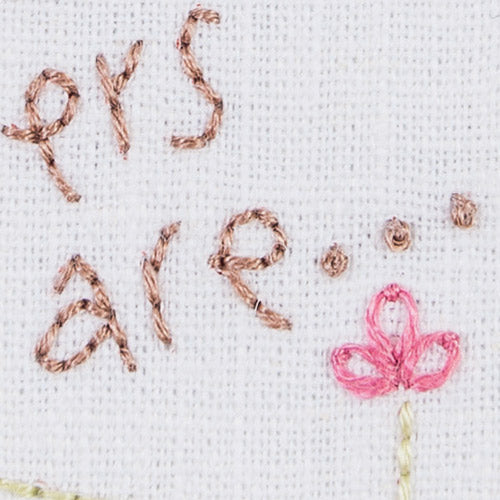Detailed closeup of embroidered word 'are…' with embroidered flower