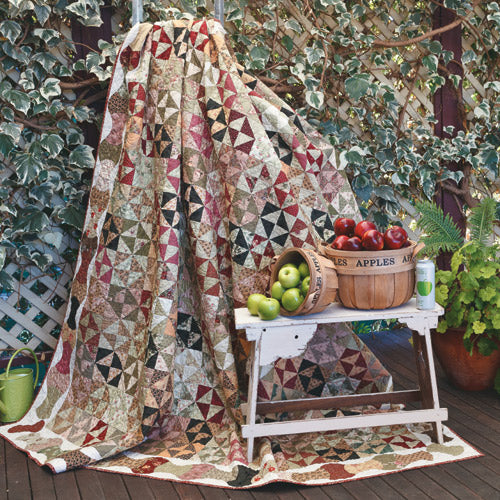 Styled shot of appliqué and patchwork applecore and broken dishes quilt hanging up with apples