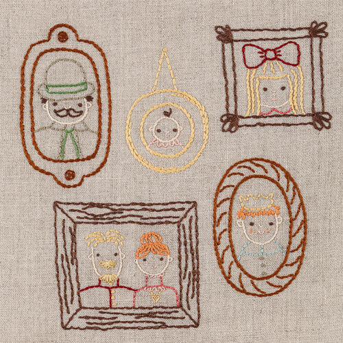 Shot of five embroidered family portraits, with couple, girl, boy, baby and man