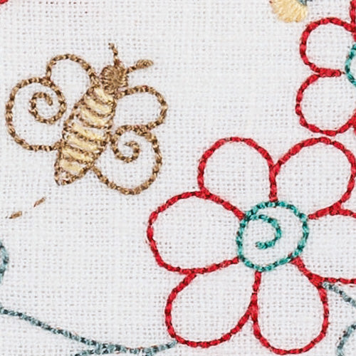 Detailed closeup of embroidered bee and red flower