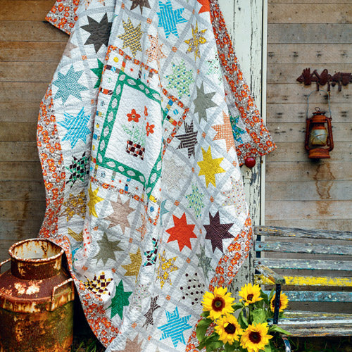 Styled shot of traditional-style appliqué flower and patchwork star block quilt hanging up with sunflowers